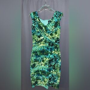 Adrianna Papell Sleeveless Green and Blue V-Neck Sheath Midi Dress